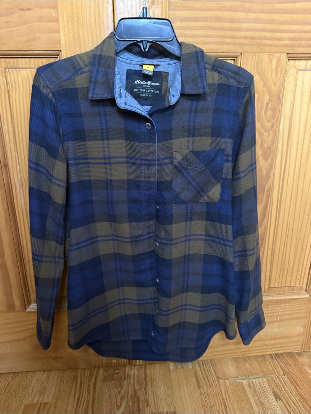 Eddie Bauer Blue and Brown Plaid Button-Down Shirt